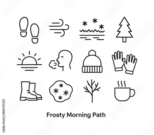 Frosty Morning Icons. Frosty Morning Path. Line icon set of Fros