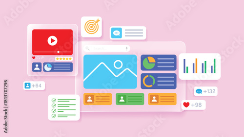social media dashboard interface with engagement analytics video content likes followers comments charts and user profile ui in flat design for digital marketing and content performance