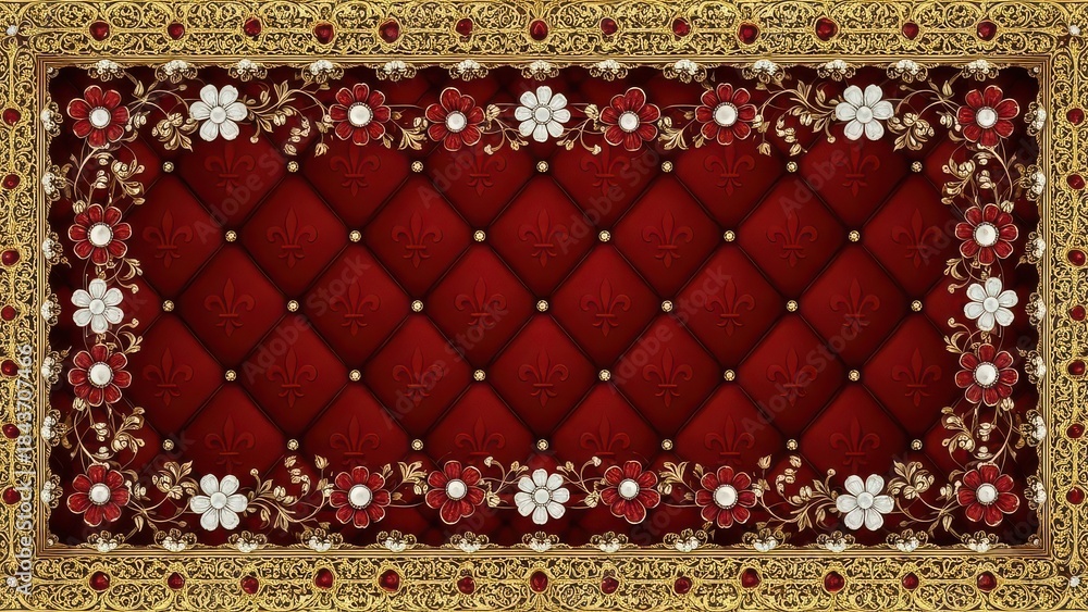 Fototapeta premium Luxurious red velvet tufted background with an elegant golden floral frame