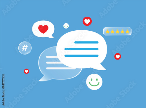 social media conversation and customer feedback concept with chat bubbles likes emojis hashtags and five star rating in flat design for digital communication and online engagement