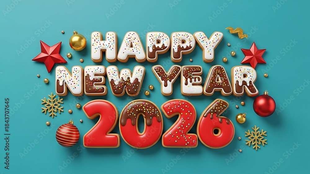 Obraz premium Happy new year 2026 with colorful decorations and ornaments on blue background