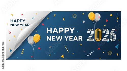 Happy New Year 2026 Greeting with Golden Foil Balloons for the Coming New Year.