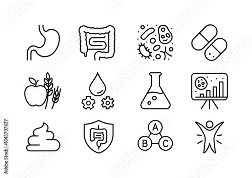 Human Gut Icons. Human Gut Health. Line icon set of Human Gut He