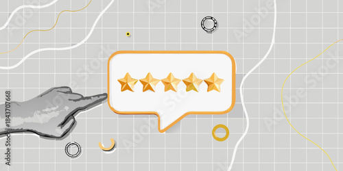 Five star rating feedback displayed on a map with a pointing hand