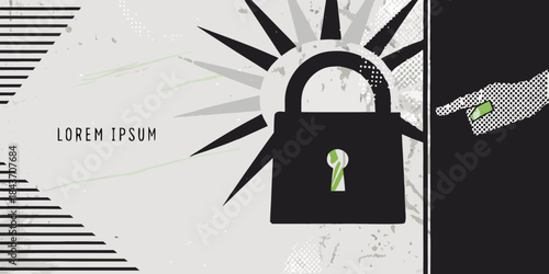 Security concept with a padlock key and a hand reaching for it