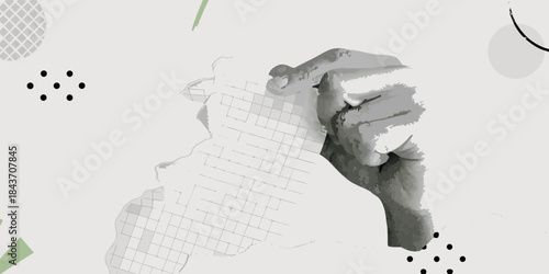 A hand interacting with a patterned abstract background in grayscale tones