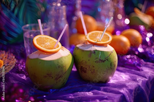 Two coconuts filled with drink, garnished with orange slices and straws, on a violet table