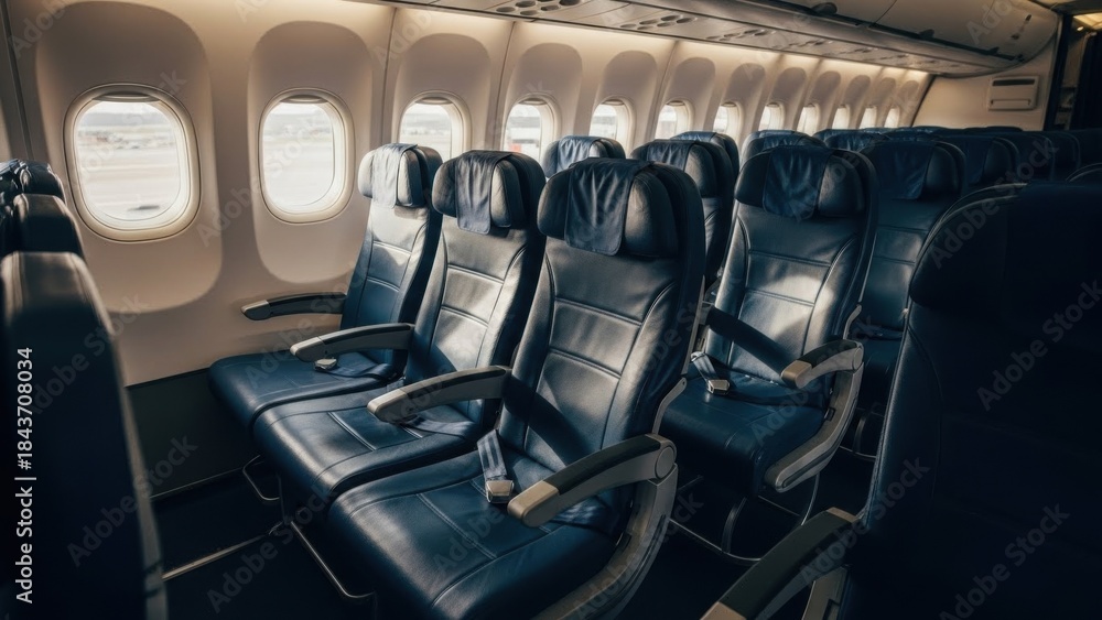 Fototapeta premium Empty airplane cabin with rows of blue leather seats