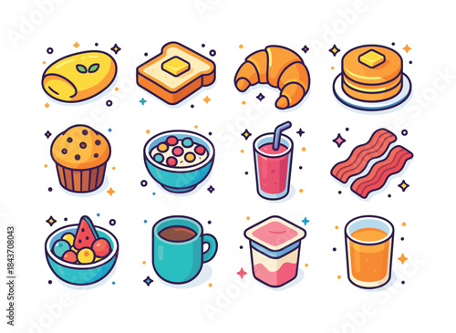 Colorful Breakfast Icons. Breakfast Foods. Colorful isometric ve
