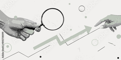 Hands examining an upward trend with magnifying glasses illustrating growth analysis