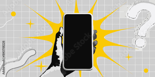 A hand holding a black smartphone with a burst of yellow energy