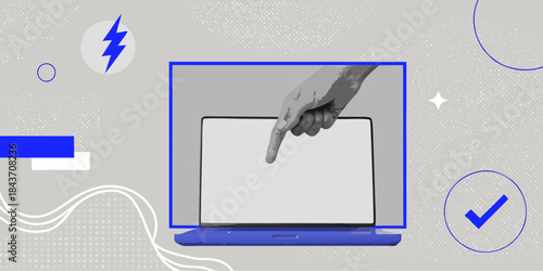 A hand interacting with a laptop screen featuring abstract design elements