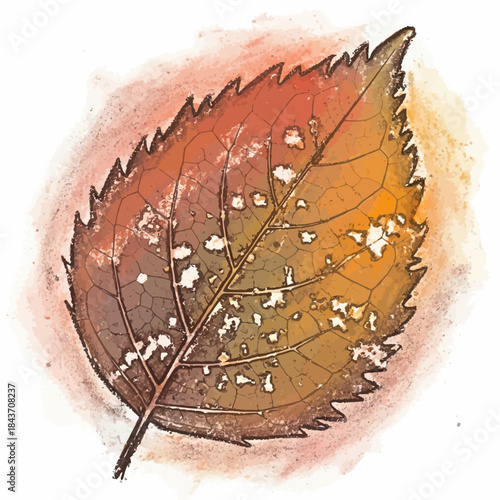 Autumn leaf with holes and watercolor background.