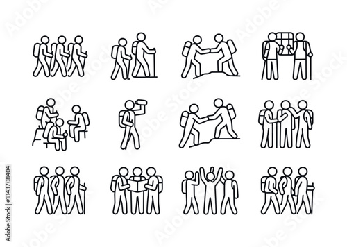 Hiking Icons Collection. Group hiking dynamics. Line icon set of