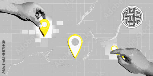 Hands interacting with map location pins and a maze on a grey background