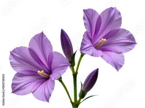 Two beautiful purple flowers on a single stem against a clean white background