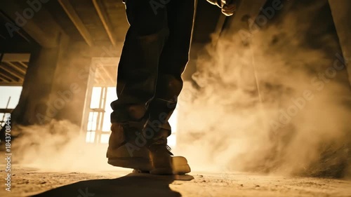 Worker's boots kicking up dust on a construction site, backlit by sunlight.