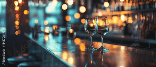 Elegant wine glasses on a glossy bar surface, reflecting blurred warm orange and cool blue lights, creating a sophisticated ambiance