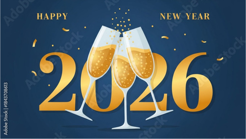 A Festive Happy New Year Greeting Card for the New Year 2026 with Fireworks.