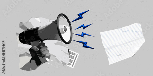A hand holding a megaphone emitting sound waves towards scattered papers