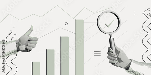 Analyzing positive trends with a magnifying glass and hand showing approval