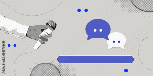 Interview in progress a hand holding a microphone near speech bubbles