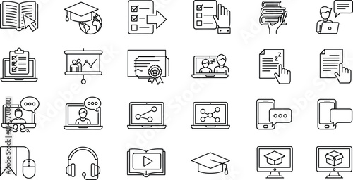 Online education icons set with digital learning, e-learning tools, virtual classroom, mobile study, academic resources, and remote teaching symbols