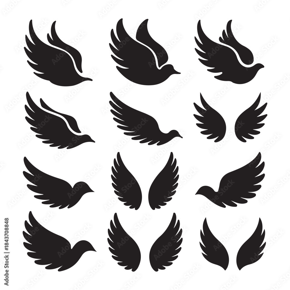 Fototapeta premium Wing icon set, angel wing silhouette vector illustration on a white background