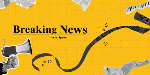 Breaking news concept with megaphone torn paper and bold yellow background