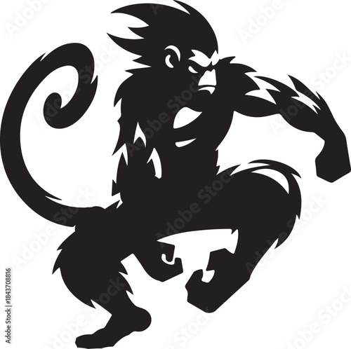 A dynamic black silhouette of an aggressive monkey warrior with spiky hair and fur, poised in an action stance against a white background.