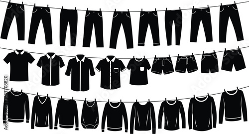 Black and White Silhouette Vector Illustration of Various Garments Hanging on Clothesline with Clothespins, Including Pants, Shirts, Sweaters, and Shorts, Against a White Background.