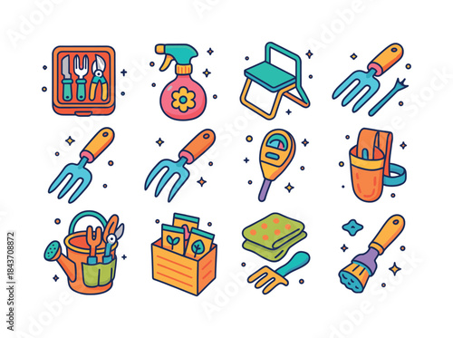 Colorful Gardening Icons. Outdoor gardening kit. Colorful isomet