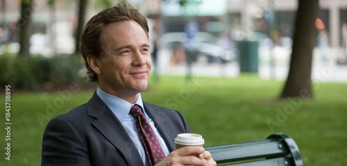A smiling businessman in a suit sits on a park bench holding a coffee cup.