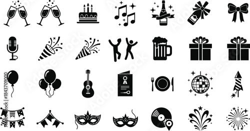 Party celebration vector icons set with champagne glasses, cake, balloons, fireworks, gifts, music, masks, food, drinks, decorations