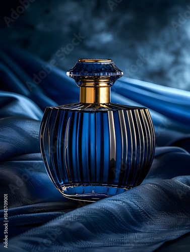 Luxury blue perfume bottle on silky fabric, elegant fragrance still life