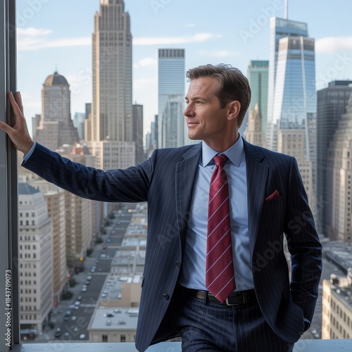 A confident businessman in a pinstripe suit and red tie stands by a window overlooking a city skyline.