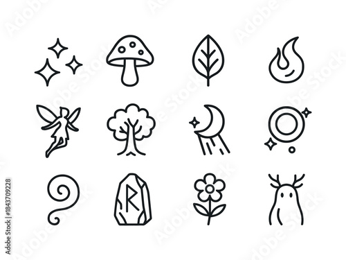 Magical Glade Icons. Magical glade. Line icon set of magical gla