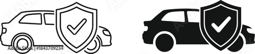 Car Insurance and Protection Vector Icon, Vehicle Safety Shield, Auto Warranty, Outline, Silhouette, Transport Security, Checkmark, Simple Graphic