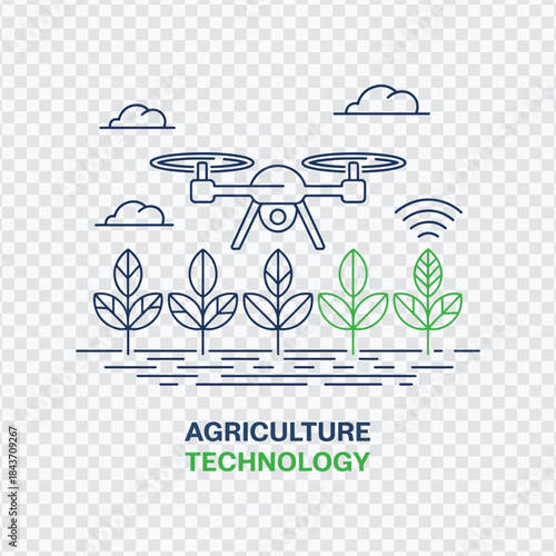 Agriculture Technology Drone Monitoring Smart Farming Line Illustration