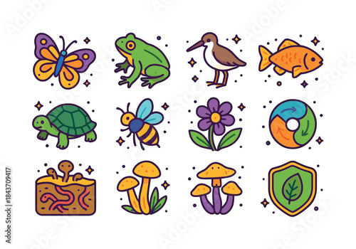 Colorful Biodiversity Icons. Biodiversity. Colorful isometric ve