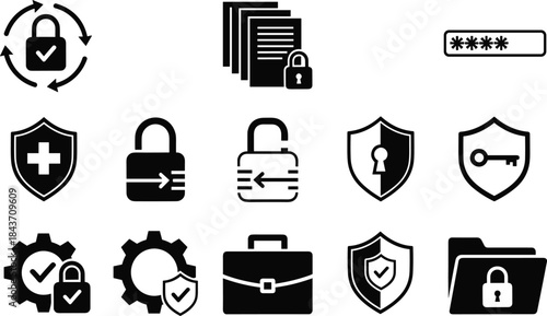 Security and Protection Vector Icon Set, Padlock, Fingerprint Scan, Key, Shield, Biometric, Access Control, Cyber Safety, Outline Graphic, Simple