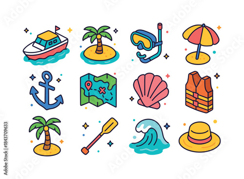 Island Tour Icons. Island Hopping Boat Tours. Colorful isometric