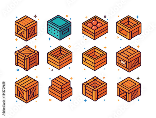 Colorful Crate Icons. crate collection. Colorful isometric vecto