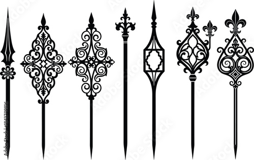 Set of Ornate Decorative Spearhead and Finial Silhouettes Vector, Medieval, Historical, Ironwork, Fence, Gate, Royal, Vintage, Elegant, Black Graphic