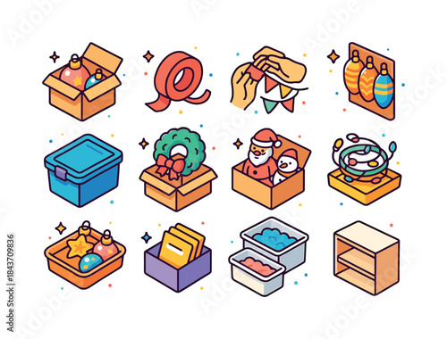 Festive Storage Icons. Putting away decorations. Colorful isomet