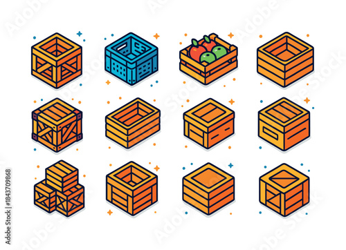 Colorful Crate Icons. crate collection. Colorful isometric vecto