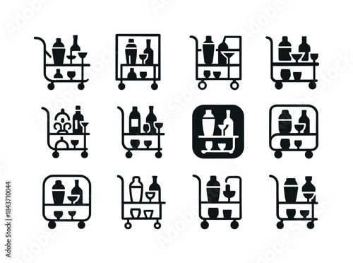 Stylish Bar Cart Logos. Stylish Bar Cart with Liquor and Glasswa