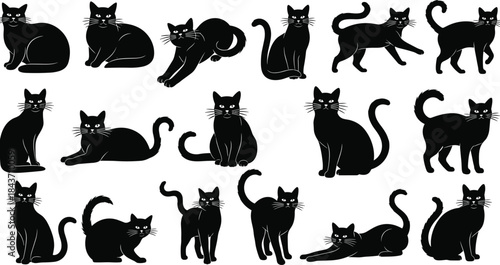 Black Cat Silhouette Vector Set, Halloween Kitten and Domestic Animal Collection of Various Poses, Walking, Sitting, Laying Down, and Stretching for Spooky Decoration and Pet Icons
