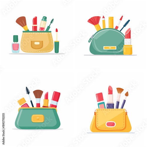 Download cosmetic bags with makeup products illustrations lipstick brushes and tools on white background