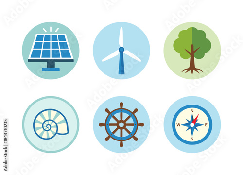 Renewable energy, nature, and navigation icons collection